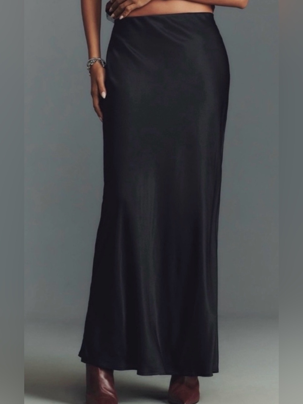 Anthropologie Black Satin Maxi Skirt with side slit